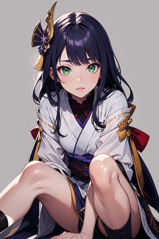 masterpiece, best quality, lighting background, extremely detailed face, (simple background), solo, 1girl, shining green eyes, night, perfect_face, hair ornament, silky_hair, (mini_clothes:1.2), two beautiful legs, low shot:1.2, raidenshogundef,