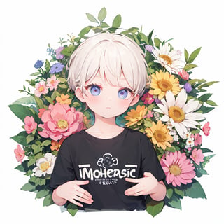 (masterpiece, best quality, highres:1.1), logo, white background, cute logo design, flower background, cute, t-shirt logo, flower design,  20 years old boy, white and black