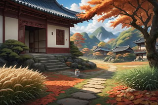 Beautiful ((isekai fantasy)) landscape of field, autumn, dog's tail grass in the ground, one chinese house in the corner, Narashige Koide, Anthropological science fiction, matte painting, cloisonnism, Instagram, asashina, Manga, leaf is falling