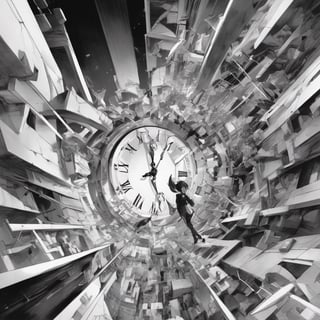 Best quality, masterpiece, absurdres, dutch angle, medium shot, create a tense composition that shows time is always running forward and never waiting for anyone, abstract, low in color saturation and variety almost slightly monochrome, composition that would have Tempus Fugit as a title, Anime 