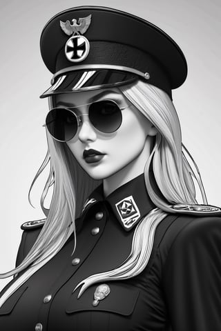 super fine illustration,masterpiece, best quality,{beautiful detailed eyes},1girl, massively big breasts, black nazi uniform, whip in hand, blonde girl with sunglasses,finely detail,full body shot, portrait, 4k wallpaper,pencil sketch,more detail XL, monochrome ,lineart,LineAniAF