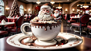 Best quality, masterpiece, absurdres, commercial featuring a very ornamented and classy white cup of hot chocolate with a santa claus chocolate figurine floating on the center of the chocolate, classy comfy cozy and girly cafeteria advertising