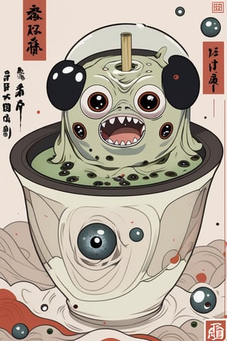 best quality, masterpiece, absurdres, boba tea but instead of bobas it's eyeballs, horror, gore, matcha, transparent cup full of eyeballs floating,Ukiyo-e