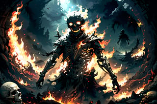 Generate hyper realistic image of a macabre scene of an undead pyromancer, wreathed in flames, casting dark fire spells amidst the skeletal remains of fallen foes. The background features a foreboding, lava-filled abyss, adding to the sinister ambiance of the Dark Souls universe. highly detailed, sharp focus.8k,photography style