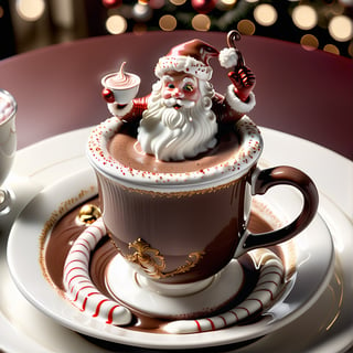 Best quality, masterpiece, absurdres, commercial featuring a very ornamented and classy white cup of hot chocolate with a santa claus chocolate figurine floating on the center of the chocolate, classy comfy cozy and girly cafeteria advertising