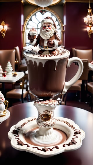 Best quality, masterpiece, absurdres, commercial featuring a very ornamented and classy white cup of hot chocolate with a santa claus chocolate figurine floating on the center of the chocolate, classy comfy cozy and girly cafeteria advertising