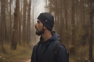 a man standing, using cap, forest background,Detailedface,breakdomain