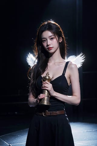 (look at the viewer:1.2), (cowboy shot:1.2), Award-winning work, beautiful angel, light through angel wings, facing the lens, strong light and dark contrast, dramatic lighting, dark tone photos, movie tone, horror atmosphere, high definition, 8k, Sony movie machine shooting, dark