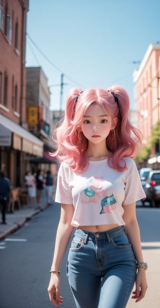  A fashionable young girl taking photos in the sunny weather, wearing trendy clothes, with a background of Memphis-style photography elements, featuring bright colors and artistic vibes. High-definition photo of a trendy girl in vibrant Memphis-style setting under the sun, full of lively colors and youthful energy., (\meng ze\),bubble,pink hair, hy