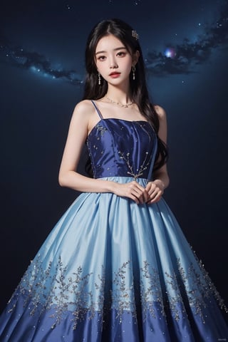 (((masterpiece, best quality))), ,1girl,long dress,blue purple theme,((universe Sky Theme Pattern clothes)),

