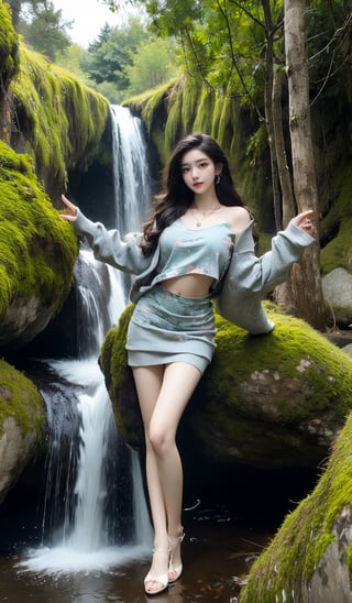 (Realisticity:1.4),Cinematic Lighting,1Girl,(standing,beautiful long_Slender_legs),(korean mixed,kpop idol:1.2),earrings,necklace,(long_brown_wavy_hair),shiny_lips,eyelashes,make-up,shiny,Pore,skin texture,big breasts,smile, ((Kenzo tiger-printed sweatshirt)),((energizing, A cascading waterfall surrounded by lush, moss-covered rocks, Michelangelo, Surrealism)), Fashion Style,girl