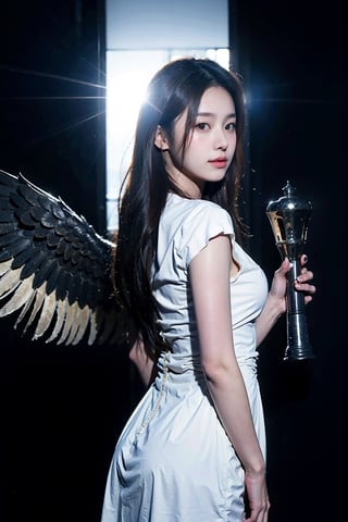 (look at the viewer:1.2), (cowboy shot:1.2), Award-winning work, beautiful angel, light through angel wings, facing the lens, strong light and dark contrast, dramatic lighting, dark tone photos, movie tone, horror atmosphere, high definition, 8k, Sony movie machine shooting, dark