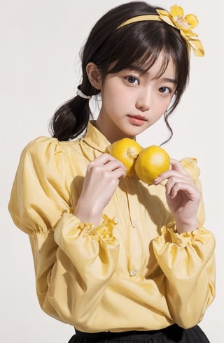 best quality, masterpiece, aesthetic, 1girl, artist name, bangs, black hair, blush, brown hair, cowboy shot, dated, flower, food, fruit, holding, leaf, lemon, lemon slice, long sleeves, looking at viewer, neck ribbon, plant, ribbon, short hair, signature, simple background, solo, upper body, white background, yellow flower, yellow ribbon, yellow shirt, yellow theme, skirt, shirt, twintails, hairband, puffy sleeves, black skirt, white flower, short twintails, puffy long sleeves, covered mouth, holding flower, 
,lolitagothi