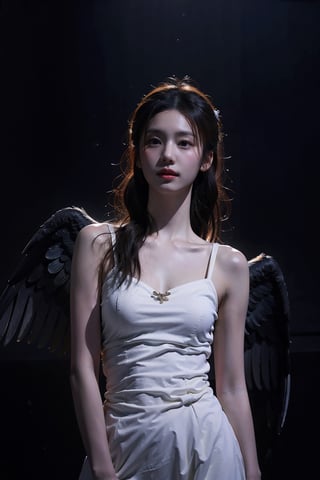 Award-winning work, beautiful angel, light through angel wings, facing the lens, strong light and dark contrast, dramatic lighting, dark tone photos, movie tone, horror atmosphere, high definition, 8k, Sony movie machine shooting, dark