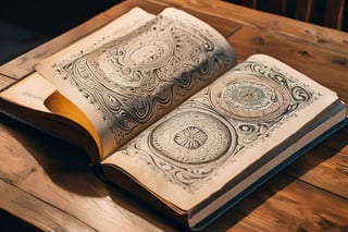 
A thick book, open, with strange patterns drawn on the pages, is placed on a wooden table