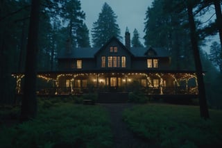  Ca,  Image by cinematographer by josh rose,  hd,  4k,  Masterpiece,  hyper Detailed, Dreamy Weather, House In Woods, Dramatic, Still Movie SHot, Night, House Light On, Night