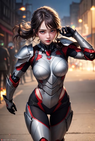 masterpiece, Best Quality, photorealistic, ultra-detailed, finely detailed, high resolution,  perfect body, 1girl, solo, beautiful sexy super model, 22 years old,  beautiful detailed face and eyes, sharp-focus, cinematic, realism, robot warrior and armor, full body, soft light, battlefield background, collect hands and fingers, action pose, facing_viewer, red and white color armor , hair_past_waist