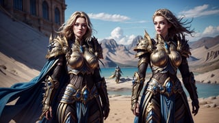 2 girl
random hair 
standing side by side
golden armor
wearing armor  ,Young beauty spirit ,wowdk,photorealistic