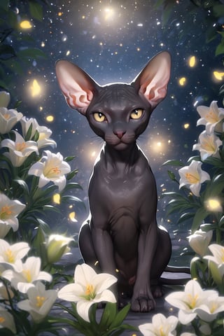 Realistic black Sphynx cat, black velvety golden eyes with sparkles, a wreath of white lilies on his head, in the background a night garden of white lilies with glowing little fireflies, divine lighting, cute, 4k, unreal engine 5, K-Eyes