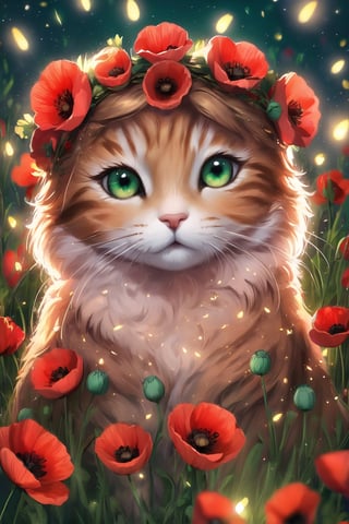 Realistic cat in a flower wreath of poppy flowers, brown wool with stripes, golden sparks in emerald eyes, a night poppy garden with glowing little fireflies in the background, divine lighting, cute, 4k, unreal engine 5, K-Eyes