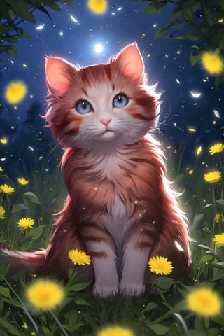 Realistic Manx cat, striped red hair color, blue-gold eyes, in a wreath of dandelions, in the background a night garden of dandelions with glowing small fireflies, divine lighting, cute, 4k, unreal engine 5, K-Eyes