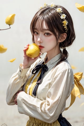 best quality, masterpiece, aesthetic, 1girl, artist name, bangs, black hair, blush, brown hair, cowboy shot, 
dated, flower, food, fruit, holding, leaf, lemon, lemon slice, long sleeves, looking at viewer, neck ribbon, 
plant, ribbon, short hair, signature, simple background, solo, upper body, white background, yellow flower, 
yellow ribbon, yellow shirt, yellow theme, skirt, shirt, twintails, hairband, puffy sleeves, black skirt, white flower, 
short twintails, puffy long sleeves, covered mouth, holding flower,Exquisite face,

27 year old korean girl, korean pop idol style, beautiful face