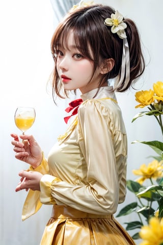 best quality, masterpiece, aesthetic, 1girl, artist name, bangs, black hair, blush, brown hair, cowboy shot, 
dated, flower, food, fruit, holding, leaf, lemon, lemon slice, long sleeves, looking at viewer, neck ribbon, 
plant, ribbon, short hair, signature, simple background, solo, upper body, white background, yellow flower, 
yellow ribbon, yellow shirt, yellow theme, skirt, shirt, twintails, hairband, puffy sleeves, black skirt, white flower, 
short twintails, puffy long sleeves, covered mouth, holding flower,Exquisite face,

27 year old korean girl, korean pop idol style, beautiful face