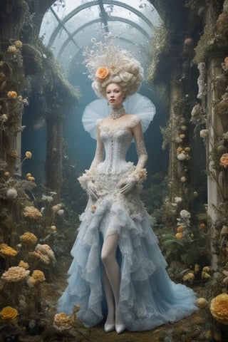 Extremely Realistic,Create a world with the next element * Glass sponge and coral Pocillopora pulchella for organic, flowing textures
* Marie-Antoinette details, gathers, beehives, ball gathering for volume and romance
* Crinoline, smocks, pin tucks for structure and architecture
* English pavilions for neoclassical references
* Belle Époque winter garden for retro inspiration
* Hans Bellmer-style surrealism and Donyale Luna mannequin for onirism
* Balata Garden and Martinique corals for tropical inspiration
* Gabrielle Chanel and diva singers for timeless elegance
* Short" for a contemporary twist white and blue rose and old yellow rose embroidery on tulle . Extremely Realistic, photo r3al,make_3d, cinematic moviemaker style