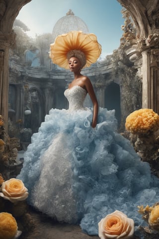 Extremely Realistic,Create a world with the next element * Glass sponge and coral Pocillopora pulchella for organic, flowing textures 
* extremely detailed Realistic mirrod
*view from above, centered, half body shot, natural light
* Marie-Antoinette details, gathers, beehives, ball gathering for volume and romance
* Crinoline, smocks, pin tucks for structure and architecture
* English pavilions for neoclassical references
* Belle Époque winter garden for retro inspiration
* Hans Bellmer-style surrealism and Donyale Luna mannequin for onirism
* Balata Garden and Martinique corals for tropical inspiration
* Gabrielle Chanel and diva singers for timeless elegance
* Short" for a contemporary twist white and blue rose and old yellow rose embroidery on tulle . Extremely Realistic, photo r3al,make_3d, cinematic moviemaker style,dripping paint,abstact