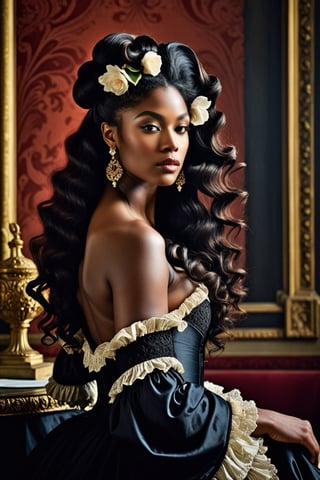 (((Iconic classical style 1800s extremely beautiful)))
(((Rococo style melancholic))) 
(((black Rococo style hair)))
(((Beautiful Gorgeous,muscular, voluptuous, sexy, athletic))) 
(((Chiaroscuro vivid colors background))) 
(((masterpiece,minimalist,epic, hyperrealistic,photorealistic))) (((view very zoom,view profile, Wide angle))) 
(((By Annie Leibovitz style,by caravaggio style)))