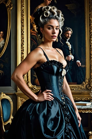 (((Iconic classical style 1800s extremely beautiful)))
(((Rococo style melancholic))) 
(((black Rococo style hair)))
(((Beautiful Gorgeous,muscular, voluptuous, sexy, athletic))) 
(((Chiaroscuro vivid colors background))) 
(((masterpiece,minimalist,epic, hyperrealistic,photorealistic))) (((view very zoom,view profile, Wide angle))) 
(((By Annie Leibovitz style,by caravaggio style)))