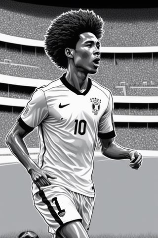 (((create Kim Jung Gi style illustration)))
(((footballer, Brazil national team,afro hair,detailed sports uniform)))
(((soccer ball)))
(((multiple people, background views stadium stands)))

(((Very detailed ink Kim Jung Gi style drawing,  brush marks)))
(((Monochrome, black and white)))
(((full body shot from distance)))
Monochrome,Leonardo Style