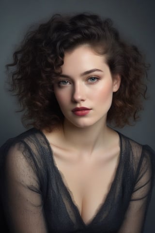 Prompt: (((Iconic 1940s age style but extremely beautiful))) (((black curly messy hair 40s age style,light rainbow in hair))) (((Pale skin and freckles, gorgeous and Voluptuous))) (((Chiaroscuro, soft light background))) (((female action poses))) (((masterpiece,minimalist, hyperrealistic,photorealistic))) (((view zoom,close-up, focal point torso))) (((By Annie Leibovitz style,by Rembrandt style)))