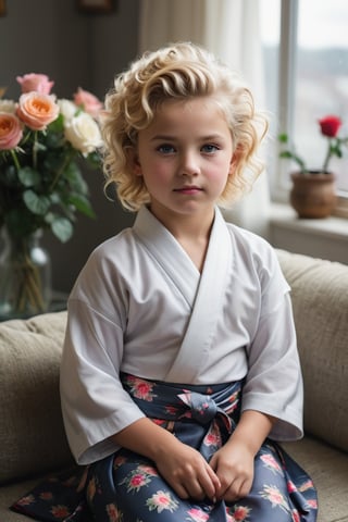 portrait of (((little girl 11-year-old Nórdic))) 1950s style, rainbow light hair,(((blonde short curly hair,(50s age style),high detailed hair)))(((detailed full hakama samurai))) sofa near a window  furniture,view front,flowers, plants, roses,view from above,  centered,full body shot,  natural light from a window,raw,iso. 800,50mm films,high detailed skin,detailed face,detailed eyes,detailed skin,acne,pores, detailmaster2,photo r3al,  moviemaker style