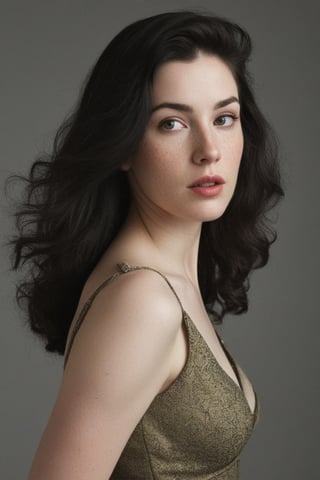 (((Iconic 1940s age style but extremely beautiful))) 
(((black long straight hair 40s age style))) 
(((Pale skin and freckles, gorgeous and Voluptuous))) (((Chiaroscuro, soft light background))) 
(((female action poses))) (((masterpiece,minimalist, hyperrealistic,photorealistic))) (((view zoom,close-up,focal upper torso))) 
(((By Annie Leibovitz style,by Rembrandt style)))