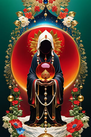 (((Old monk,)))red_flower, gold,sapphire, pearls white, emerald, surrealism,  magical realism,  lucid dreams,  hyperactive imagination,  interactive,  highly detailed image.
