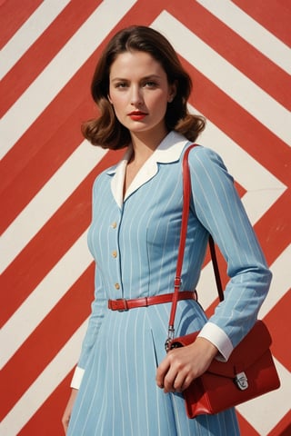 (((Iconic extremely beautiful)))
(((The image depicts a woman against a solid blue sky. Her attire and pose suggest a mid-20th-century fashion influence, while the use of color and shadowing techniques give it a modern, stylized feel,She is holding a small vintage red briefcase with both hands in front of her, wearing a short light blue dress with white horizontal stripes from the 60's)))
(((Beautiful Gorgeous,
voluptuous))) 
(((Wall minimalist red colors gradient backgroun)))
(((wista perfil)))
(((masterpiece,minimalist,hyperrealistic,photorealistic))) 
(((By Annie Leibovitz style,by Wes Anderson style)))