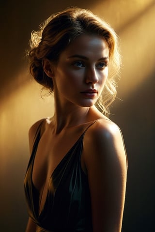 (((Iconic Woman extremely beautiful)))
(((moody atmosphere, ethereal glow, delicate interplay of light and shadow, captivating gaze, artistic expression, emotional resonance)))
(((Chiaroscuro gold colors background)))
(((View zoom,view detailed, dutch_angle)))
(((by Annie Leibovitz style,by Murata_Range style)))