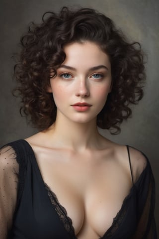 Prompt: (((Iconic 1940s age style but extremely beautiful))) (((black curly messy hair 40s age style,light rainbow in hair))) (((Pale skin and freckles, gorgeous and Voluptuous))) (((Chiaroscuro, soft light background))) (((female action poses))) (((masterpiece,minimalist, hyperrealistic,photorealistic))) (((view zoom,close-up, focal point torso))) (((By Annie Leibovitz style,by Rembrandt style)))