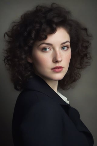 Prompt: (((Iconic 1940s age style but extremely beautiful))) (((black curly messy hair 40s age style,light rainbow in hair))) (((Pale skin and freckles, gorgeous and Voluptuous))) (((Chiaroscuro, soft light background))) (((female action poses))) (((masterpiece,minimalist, hyperrealistic,photorealistic))) (((view zoom,close-up, focal point torso))) (((By Annie Leibovitz style,by Rembrandt style)))