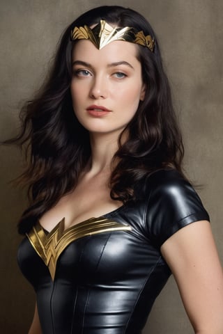 (((Iconic 1940s age style but extremely beautiful))) 
(((black long straight hair 40s age style)))
(((with matte black short-sleeved t-shirt, golden tiara, leather and silver Amazon warrior costume, [Wonder woman] serious expression, severe but calm)))
(((Pale skin and freckles, gorgeous and Voluptuous))) (((Chiaroscuro, soft light background))) 
(((female action poses))) (((masterpiece,minimalist, hyperrealistic,photorealistic))) (((view zoom,close-up,focal upper torso))) 
(((By Annie Leibovitz style,by Rembrandt style)))