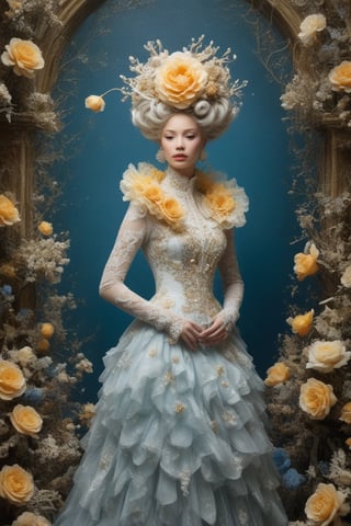 Extremely Realistic,Create a world with the next element * Glass sponge and coral Pocillopora pulchella for organic, flowing textures 
*view from above, centered, full body shot, natural light
* Marie-Antoinette details, gathers, beehives, ball gathering for volume and romance
* Crinoline, smocks, pin tucks for structure and architecture
* English pavilions for neoclassical references
* Belle Époque winter garden for retro inspiration
* Hans Bellmer-style surrealism and Donyale Luna mannequin for onirism
* Balata Garden and Martinique corals for tropical inspiration
* Gabrielle Chanel and diva singers for timeless elegance
* Short" for a contemporary twist white and blue rose and old yellow rose embroidery on tulle . Extremely Realistic, photo r3al,make_3d, cinematic moviemaker style,dripping paint