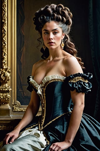 (((Iconic classical style 1800s extremely beautiful)))
(((Rococo style melancholic))) 
(((black Rococo style hair)))
(((Beautiful Gorgeous,muscular, voluptuous, sexy, athletic))) 
(((Chiaroscuro vivid colors background))) 
(((masterpiece,minimalist,epic, hyperrealistic,photorealistic))) (((view very zoom,view profile, Wide angle))) 
(((By Annie Leibovitz style,by caravaggio style)))