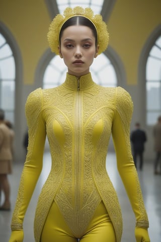 (((iconic,futuristic-sci-fi but extremely beautiful),  pea yellow)
(((intricate details, masterpiece, best quality)))
(((Wide angle, full body shot, profile view)))
(((dynamic pose, looking at viewer))) 
by Diane Arbus