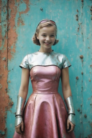 (((Robot/little girl made metal style of gum pink bichromate)))
(((light silver dark, disfigured forms))) 
(((beautiful smile, open mouth)))
(((religious subjects dress metal)))
(((1950s age style)))
(((posing for camera)))(((bronze,silver,bichromate)))
(((hasselblad 70mm camera films)))(((Masterpiece,  Best quality,  Insanely detailed fashion,  atmosphere Futuristic neón elegant))),patina metal skin,pms style, cinematic moviemaker style