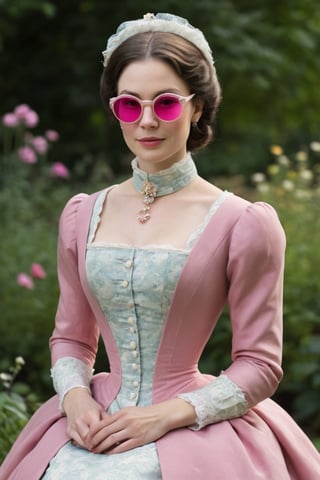 The painting of mature woman 50-year-old sitting in a garden with((( delicate little pink sunglasses))) smiling with a doll looking at the camera who is elegantly dressed in a high-collared,  long-sleeved,  and floor-length gown,  which exemplifies the late Victorian fashion. The dress is crafted from rich,  dark-colored fabric,  possibly velvet,  and is characterized by its simplicity and clean lines. A small,  high collar frames her face. The bodice is buttoned up the front,  and its shape accentuates her slender waist. A narrow sash cinches the waist,  creating a subtle hourglass figure. The sleeves are snugly fitted at the shoulders and taper down to the wrists,  reflecting the tailored look of the era. The cuffs of the sleeves are adorned with small decorative buttons. The skirt of the gown falls gracefully to the floor,  with a slight train at the back. It is designed to flow smoothly from the waist,  creating a straight,  elongated line down to the ground. Her complexion is pale and flawless,  following the Victorian preference for porcelain-like skin. She uses a light foundation or powder to achieve this look. Her cheeks are lightly flushed with a subtle hint of rosy pink blush,  delicately applied to the apples of her cheeks. The eyes are enhanced with a soft and natural look. Eyebrows are elegantly shaped with a slight arch and are filled in gently. Eyeshadow in neutral shades enhances her eyelids,  and mascara defines her lashes. Her lips are tinted with a natural,  muted color,  possibly a soft shade of pink or rose. Lip balm is applied to keep her lips smooth and moisturized. In a style of Claude Monet, AIDA_LoRA_LauraB, more detail XL, photo r3al,,
,more detail XL,photo r3al