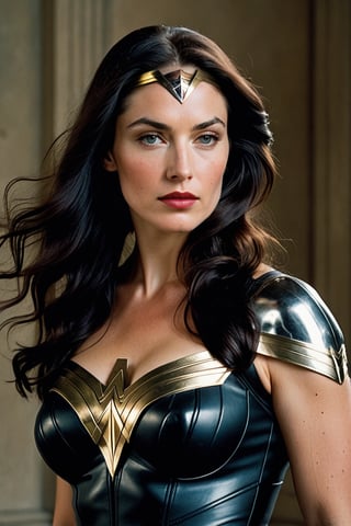 (((Iconic 1940s age style but extremely beautiful))) 
(((black very long straight hair 40s age style)))
(((with matte black t-shirt under the suit, leather and silver Amazon warrior costume [Wonder woman] serious expression, severe but calm)))
(((Pale skin and freckles, gorgeous and Voluptuous and muscular))) (((Chiaroscuro, soft light background))) 
(((female action poses))) (((masterpiece,minimalist, hyperrealistic,photorealistic))) (((view zoom,close-up,focal upper torso))) 
(((By Annie Leibovitz style,by caravaggio style)))