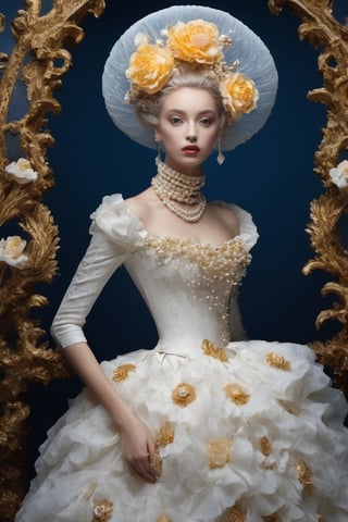 Extremely Realistic,Create a world with the next element * Glass sponge and coral Pocillopora pulchella for organic, flowing textures 
* extremely detailed Realistic gold, sapphire, pearls white, 
*view from above, centered, half body shot, natural light
* Marie-Antoinette details, gathers, beehives, ball gathering for volume and romance
* Crinoline, smocks, pin tucks for structure and architecture
* English pavilions for neoclassical references
* Belle Époque winter garden for retro inspiration
* Hans Bellmer-style surrealism and Donyale Luna mannequin for onirism
* Balata Garden and Martinique corals for tropical inspiration
* Gabrielle Chanel and diva singers for timeless elegance
* Short" for a contemporary twist white and blue rose and old yellow rose embroidery on tulle . Extremely Realistic, photo r3al,make_3d, cinematic moviemaker style,dripping paint,abstact