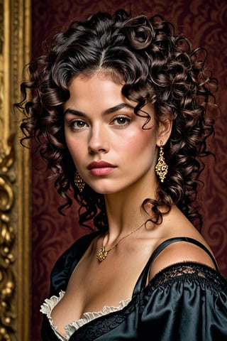 (((Iconic classical style 1800s extremely beautiful)))
(((Rococo style melancholic))) 
(((black short curly messy hair)))
(((Beautiful Gorgeous,muscular, voluptuous, sexy, athletic))) 
(((Chiaroscuro vivid colors background))) 
(((masterpiece,minimalist,epic, hyperrealistic,photorealistic))) (((view very zoom,view profile, Wide angle))) 
(((By Annie Leibovitz style,by caravaggio style)))