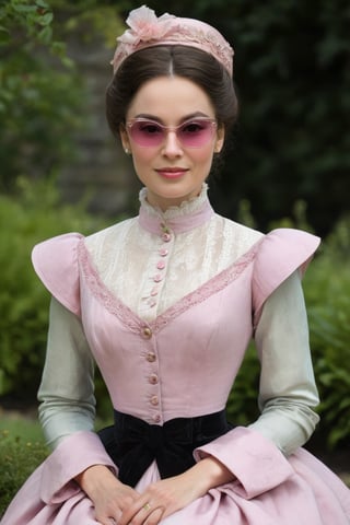 The painting of mature woman 50-year-old sitting in a garden with((( delicate little pink sunglasses))) smiling with a doll looking at the camera who is elegantly dressed in a high-collared,  long-sleeved,  and floor-length gown,  which exemplifies the late Victorian fashion. The dress is crafted from rich,  dark-colored fabric,  possibly velvet,  and is characterized by its simplicity and clean lines. A small,  high collar frames her face. The bodice is buttoned up the front,  and its shape accentuates her slender waist. A narrow sash cinches the waist,  creating a subtle hourglass figure. The sleeves are snugly fitted at the shoulders and taper down to the wrists,  reflecting the tailored look of the era. The cuffs of the sleeves are adorned with small decorative buttons. The skirt of the gown falls gracefully to the floor,  with a slight train at the back. It is designed to flow smoothly from the waist,  creating a straight,  elongated line down to the ground. Her complexion is pale and flawless,  following the Victorian preference for porcelain-like skin. She uses a light foundation or powder to achieve this look. Her cheeks are lightly flushed with a subtle hint of rosy pink blush,  delicately applied to the apples of her cheeks. The eyes are enhanced with a soft and natural look. Eyebrows are elegantly shaped with a slight arch and are filled in gently. Eyeshadow in neutral shades enhances her eyelids,  and mascara defines her lashes. Her lips are tinted with a natural,  muted color,  possibly a soft shade of pink or rose. Lip balm is applied to keep her lips smooth and moisturized. In a style of Claude Monet, AIDA_LoRA_LauraB, more detail XL, photo r3al,,
,more detail XL,photo r3al